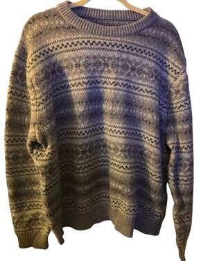 Mens Fair Isle Wool Blend Fisherman Grey Crewneck Sweater Sz XL